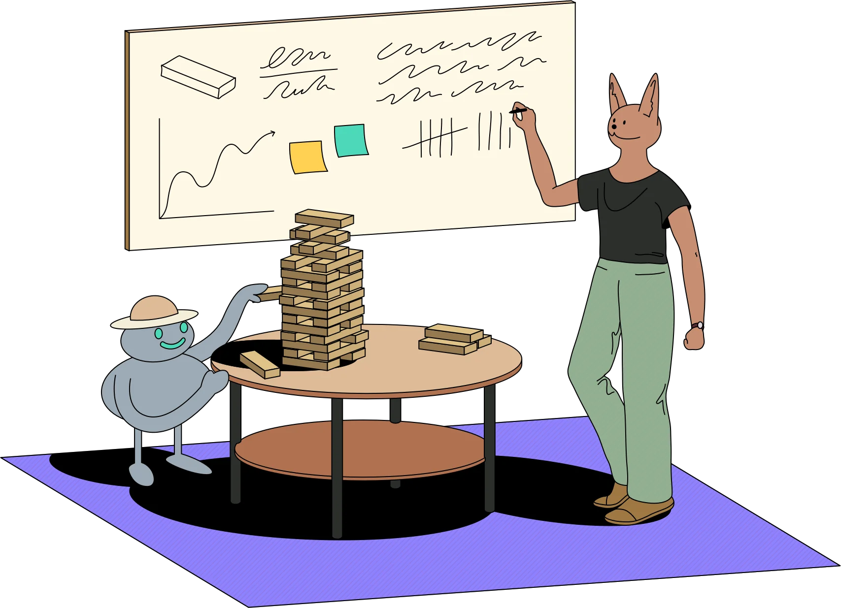 Illustration of characters planning at a whiteboard