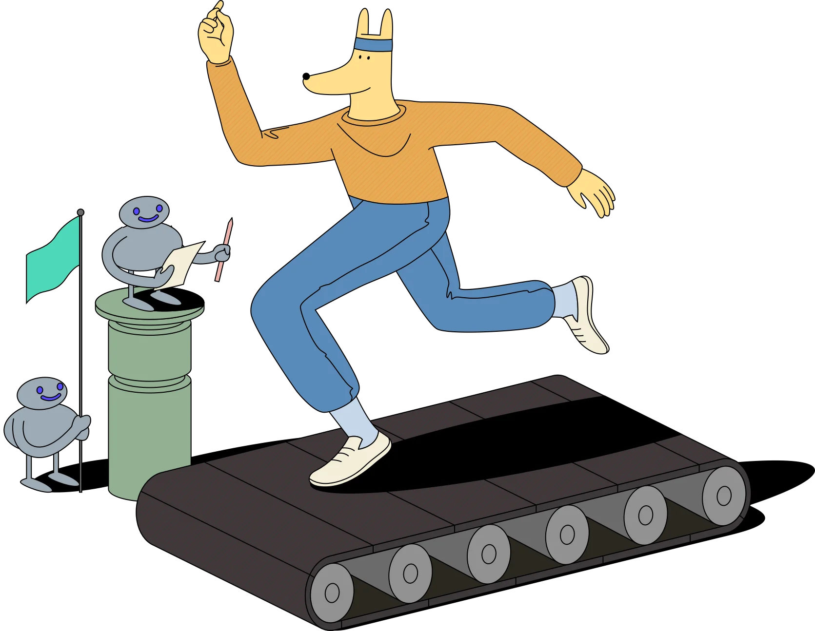Illustration of a character building momentum on a treadmill