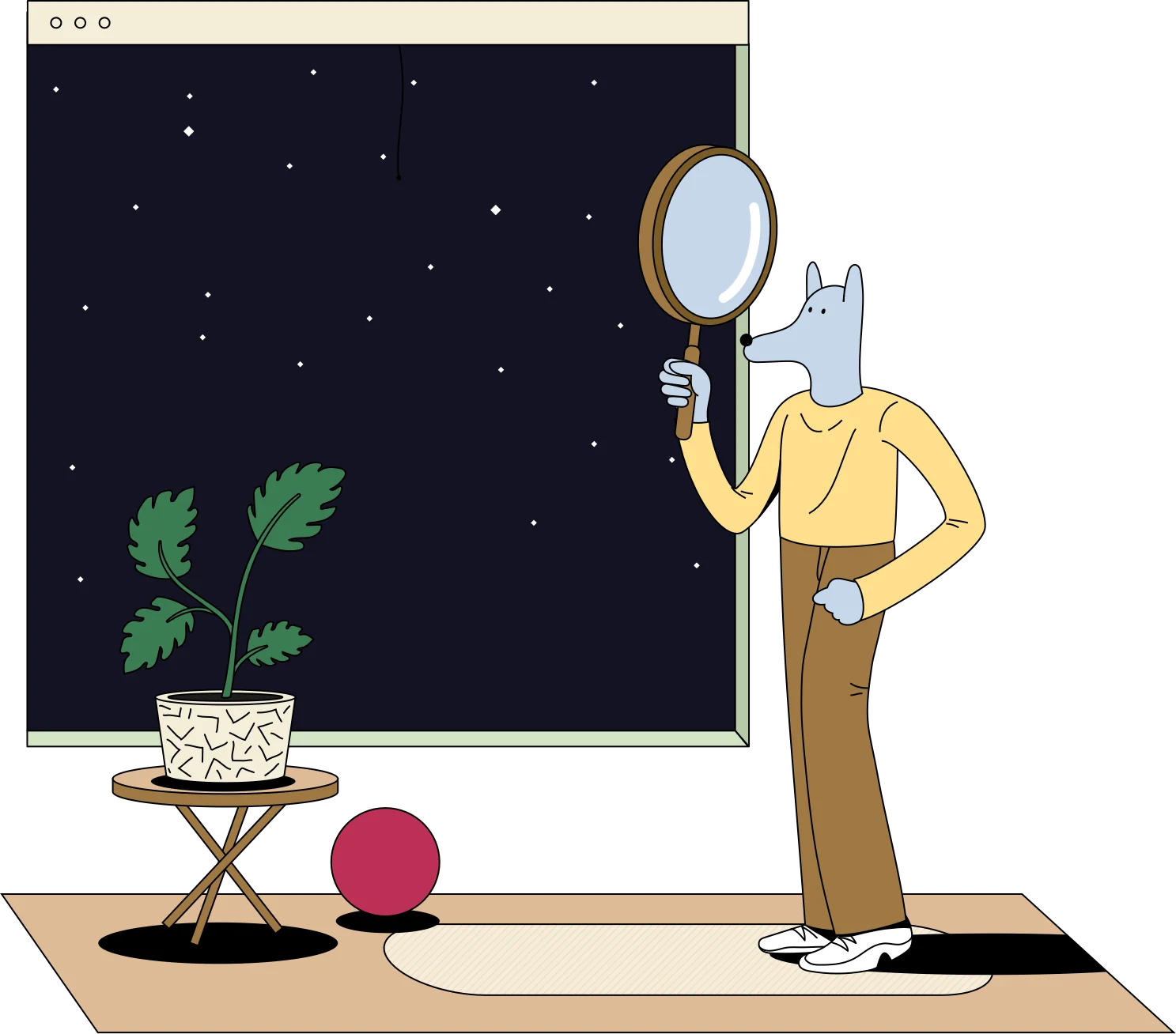 Character searching the night sky with a magnifying glass